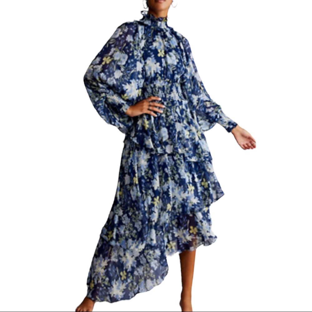 Elliatt x Free People Astrid Sm Blue Floral Chiffon Midi Tiered Dress